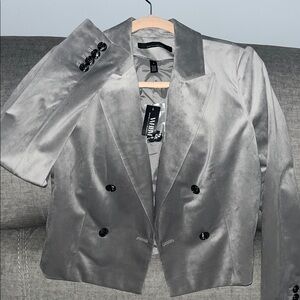 Elegant Gray Velvet Double-Breasted Women's Blazer